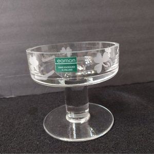Hand-Engraved Eamon Ireland Crystal Glass Pillar Candle Holder, Shamrock Design